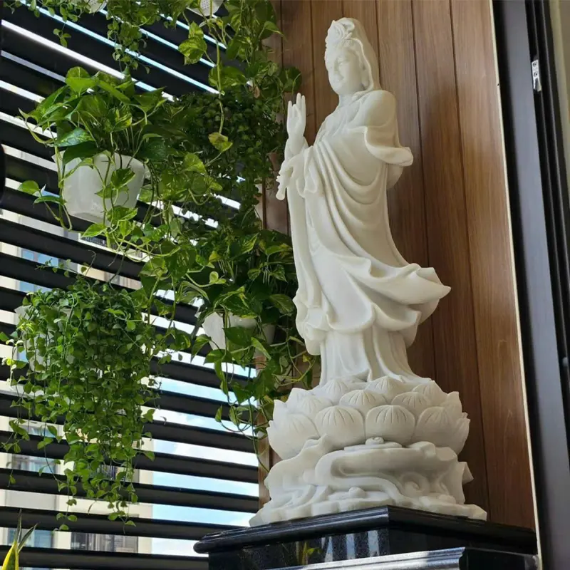 Tượng Quan Âm Đứng Đài Sen Phong Thủy Đá Trắng
