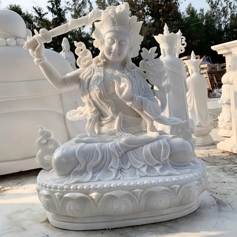 Tượng Phật Đức Văn Thù Tay Cầm Kiếm Mật Tông Đá Trắng Tinh